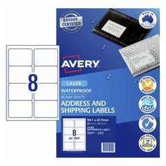 Avery Waterproof Laser Shipping Labels – 99.1 x 67.7mm, Permanent, 80 Labels (10 Sheets)