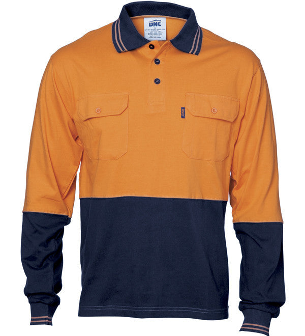DNC HiVis Cool-Breeze 2 Tone Cotton Jersey Long Sleeve Polo With Twin Chest Pocket