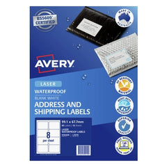 Avery Waterproof Laser Shipping Labels – 99.1 x 67.7mm, Permanent, 80 Labels (10 Sheets)