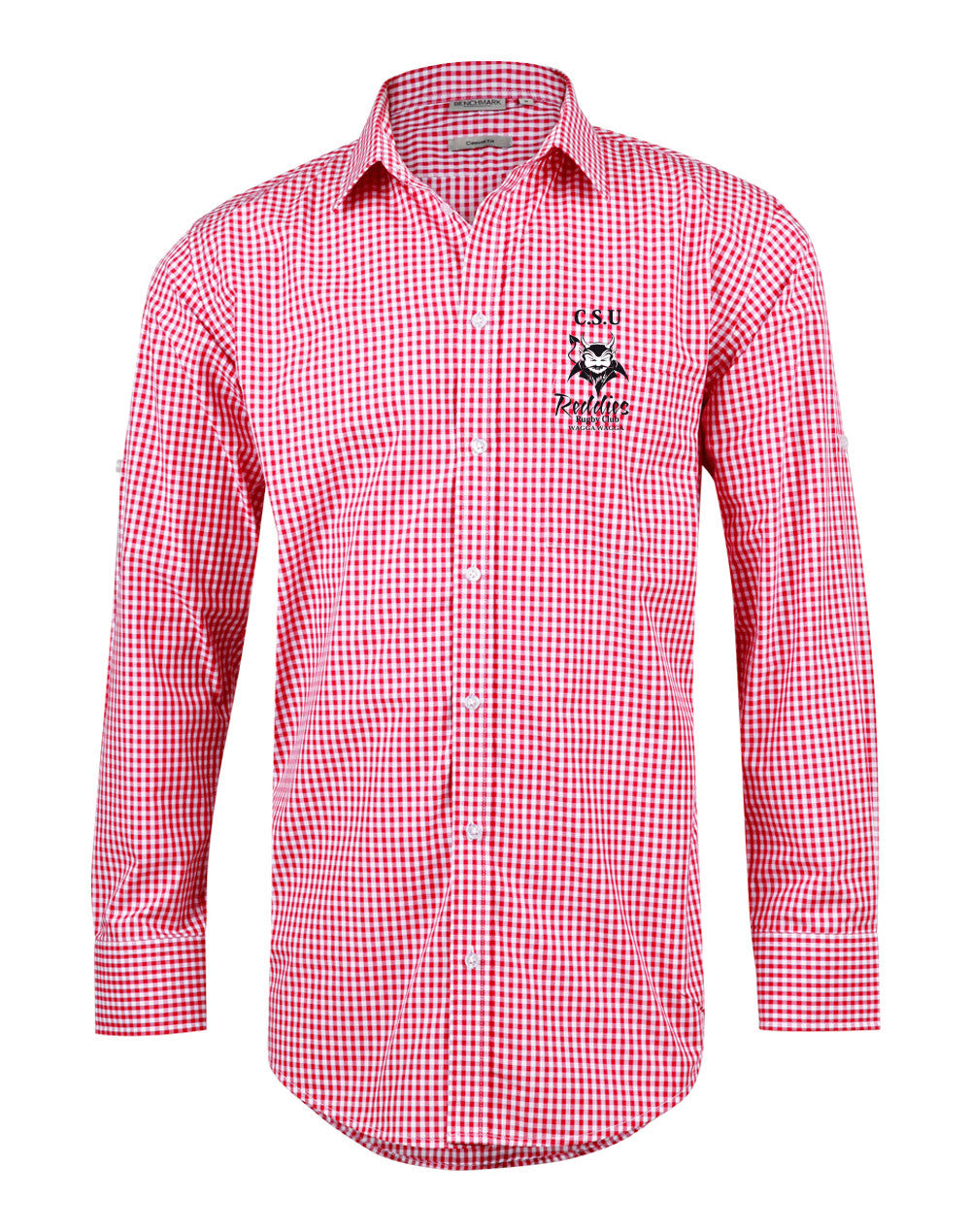 CSU Reddies Men's Gingham Check Long Sleeve Shirt with Roll-up Tab Sleeve