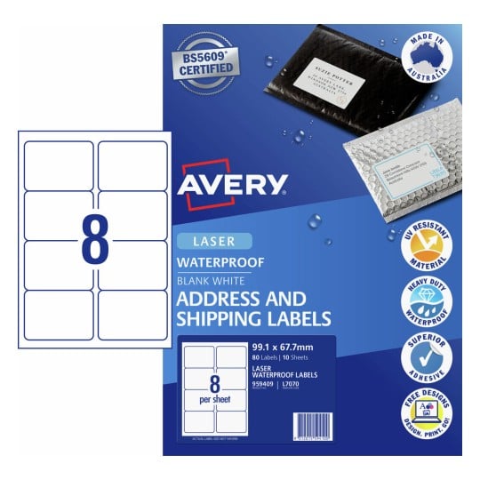 Avery Waterproof Laser Shipping Labels – 99.1 x 67.7mm, Permanent, 80 Labels (10 Sheets)