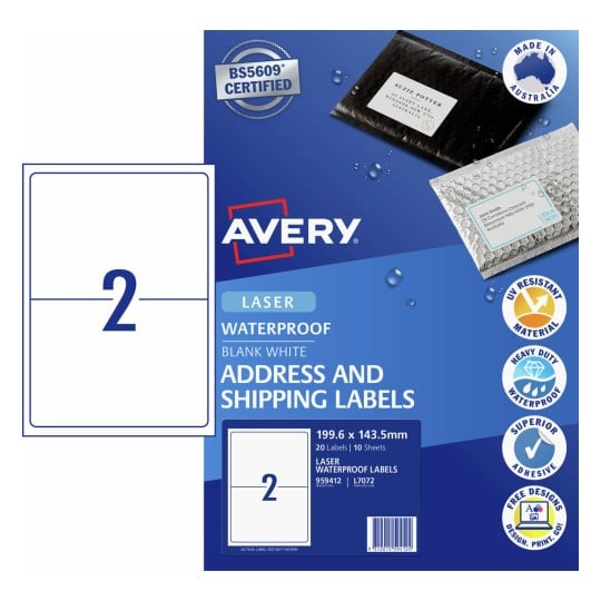 Avery Waterproof Laser Shipping Labels – 199.6 x 143.5mm, Permanent, 20 Labels (10 Sheets)