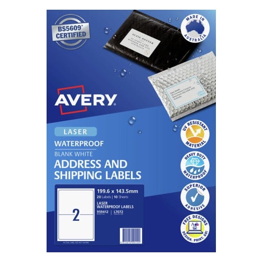 Avery Waterproof Laser Shipping Labels – 199.6 x 143.5mm, Permanent, 20 Labels (10 Sheets)